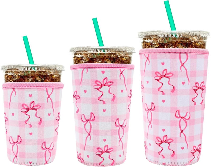 YR Reusable Neoprene Insulator Sleeve for Iced Coffee Cups, 3 Pack Coffee Coolies sleeves for Iced & Hot Drinks, Cold Beverage Cooler Compatible with Starbucks Coffee and More (Cute Bows) - Image 1